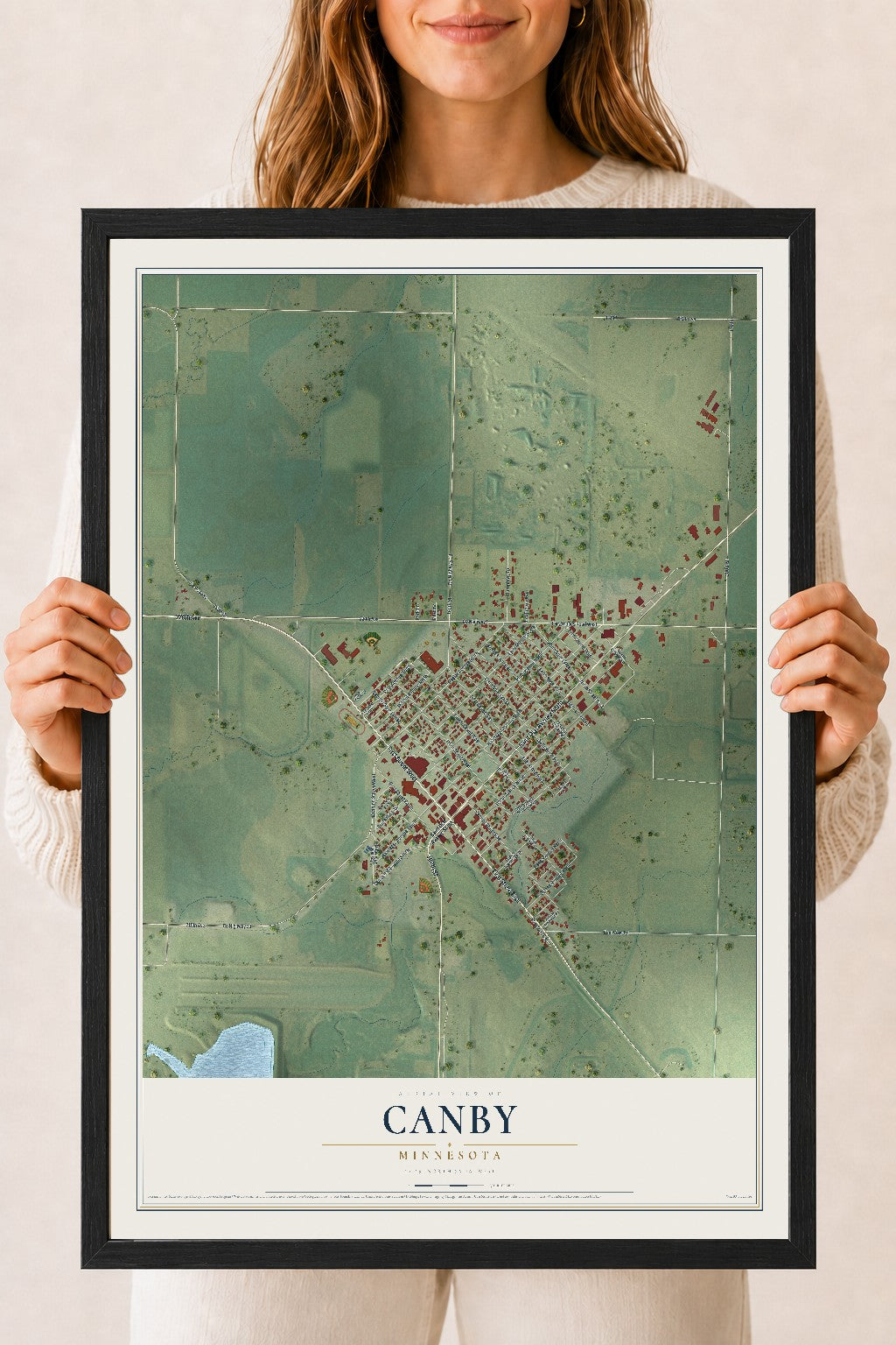 Map of Canby, Minnesota, 18 x 24 inch print in a black wood frame