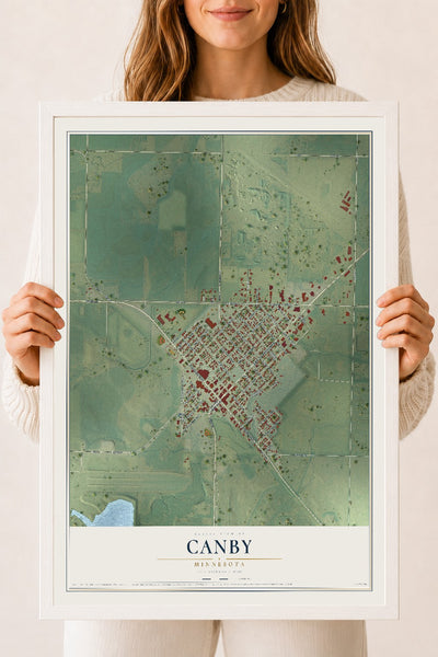 Map of Canby, Minnesota, 18 x 24 inch print in a white wood frame