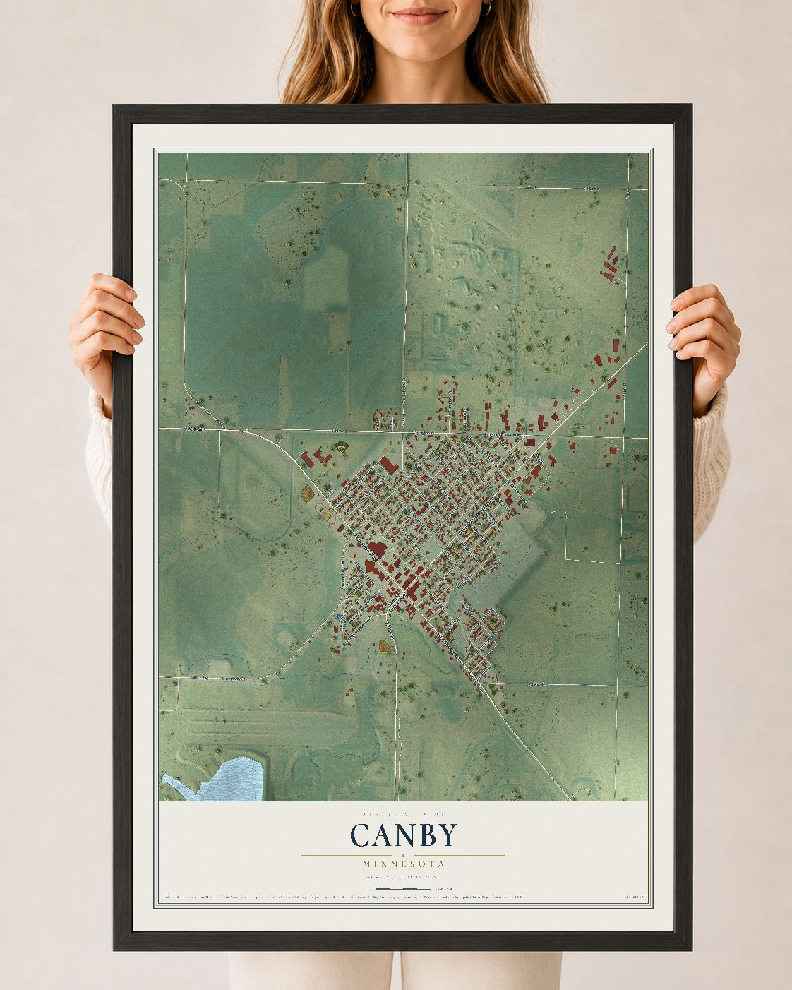 Map of Canby, Minnesota, 24 x 36 inch print in a black wood frame