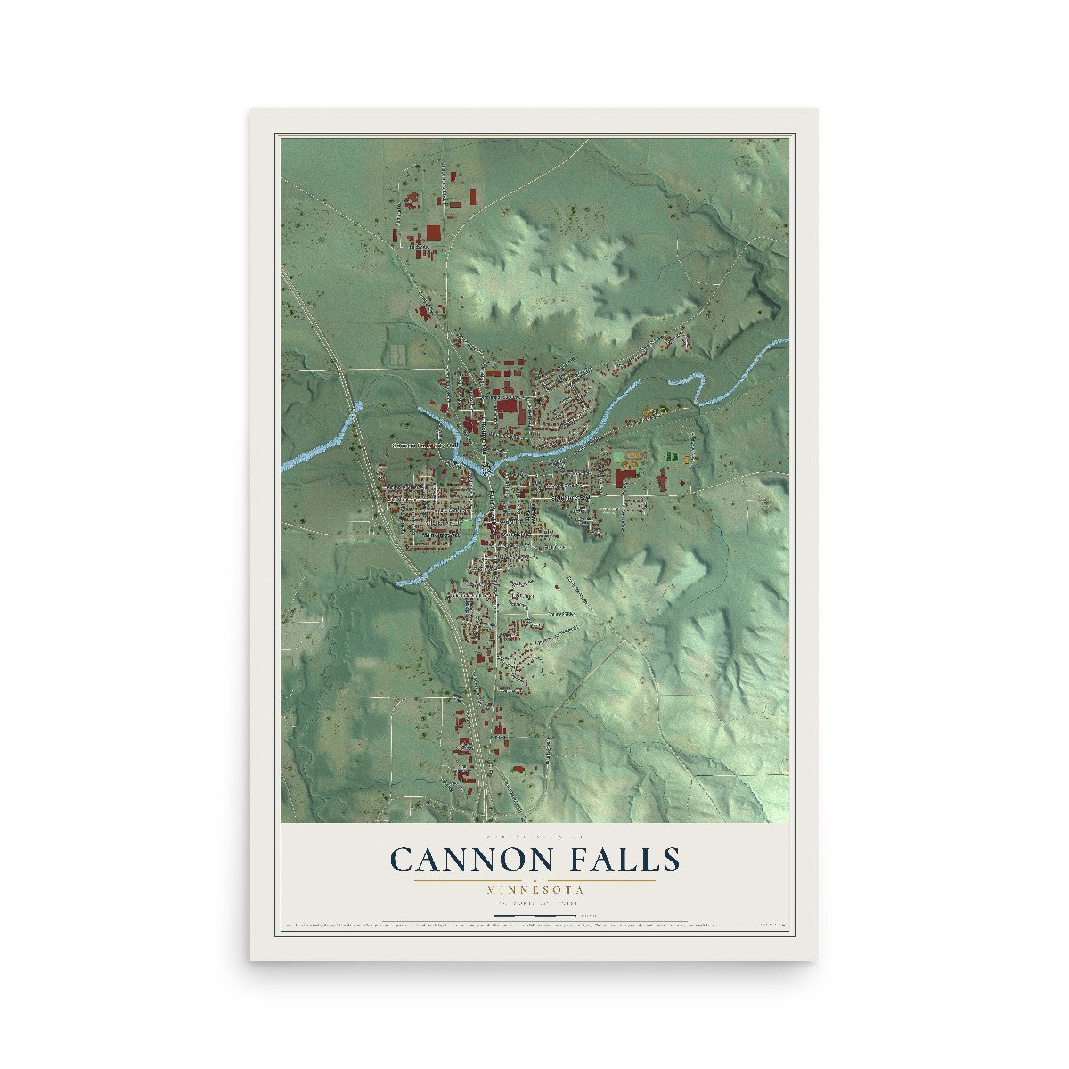 Map of Cannon Falls, Minnesota, 12 x 18 inch unframed archival matte print