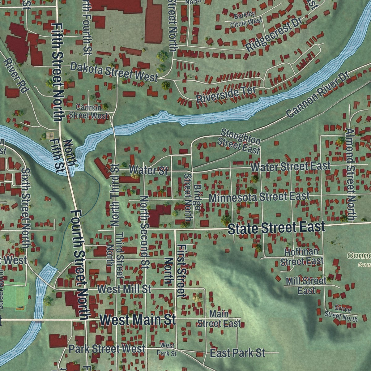 Close-up of the map of Cannon Falls, Minnesota print showing street and building detail