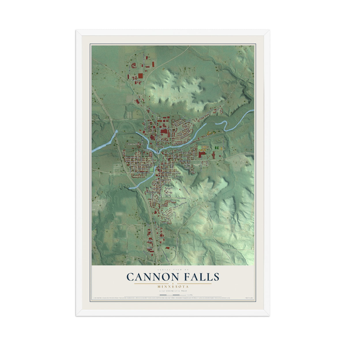 Map of Cannon Falls, Minnesota, 12 x 18 inch print in a white wood frame
