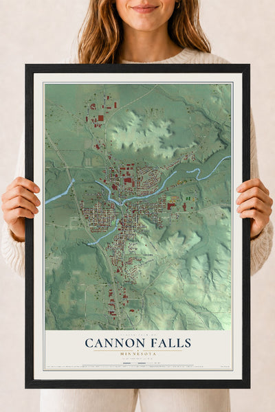 Map of Cannon Falls, Minnesota, 18 x 24 inch print in a black wood frame