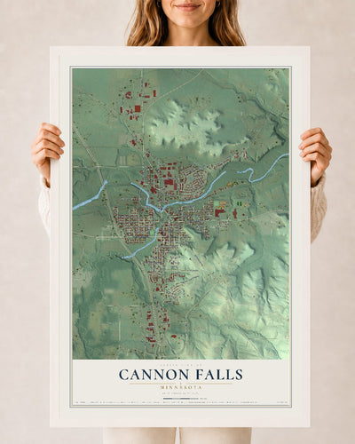 Map of Cannon Falls, Minnesota, 24 x 36 inch print in a white wood frame