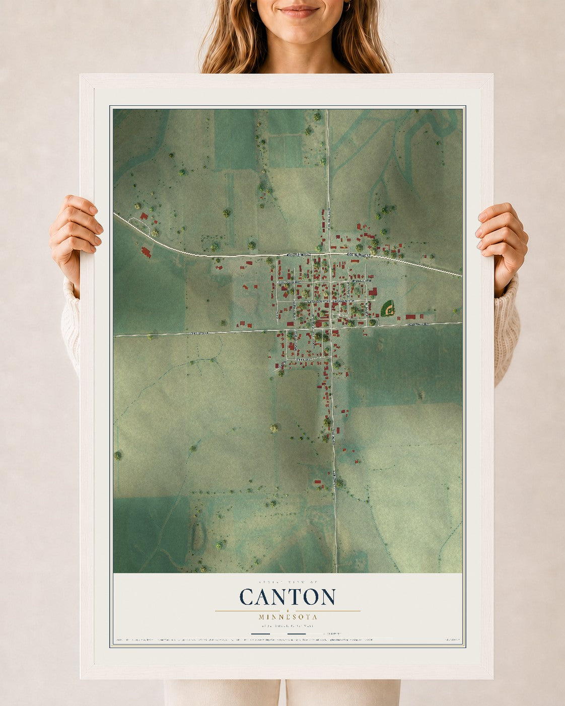 Map of Canton, Minnesota, 24 x 36 inch print in a white wood frame