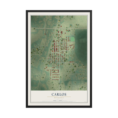 Map of Carlos, Minnesota, 12 x 18 inch print in a black wood frame