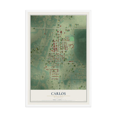 Map of Carlos, Minnesota, 12 x 18 inch print in a white wood frame