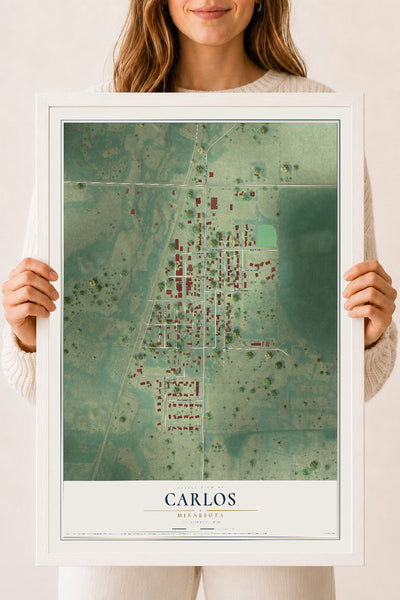 Map of Carlos, Minnesota, 18 x 24 inch print in a white wood frame