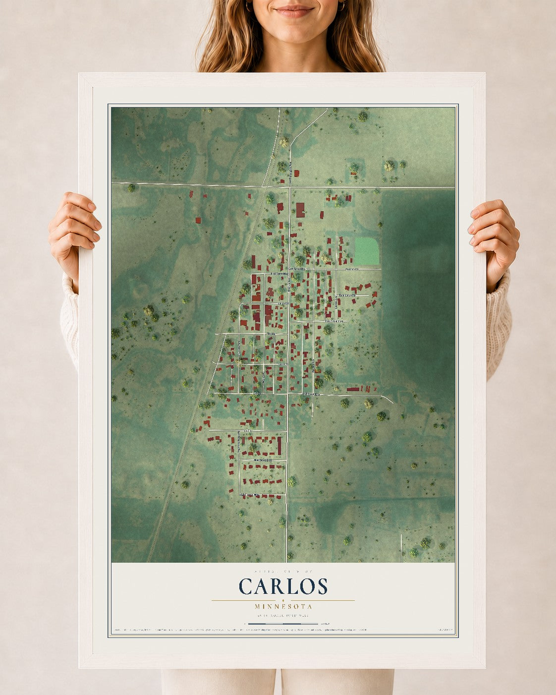 Map of Carlos, Minnesota, 24 x 36 inch print in a white wood frame