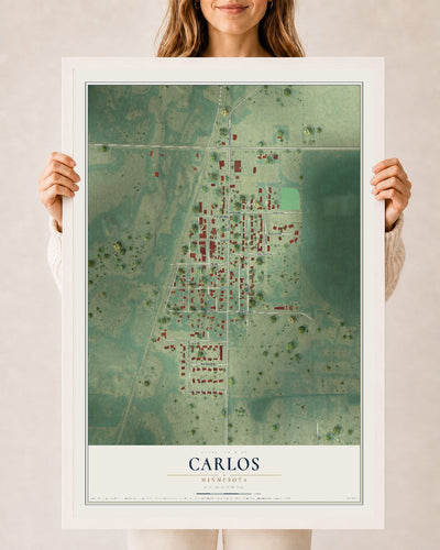 Map of Carlos, Minnesota, 24 x 36 inch print in a white wood frame