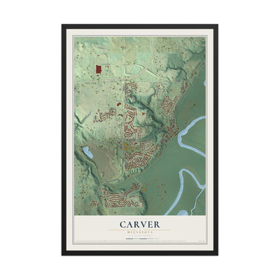 Map of Carver, Minnesota, 12 x 18 inch print in a black wood frame