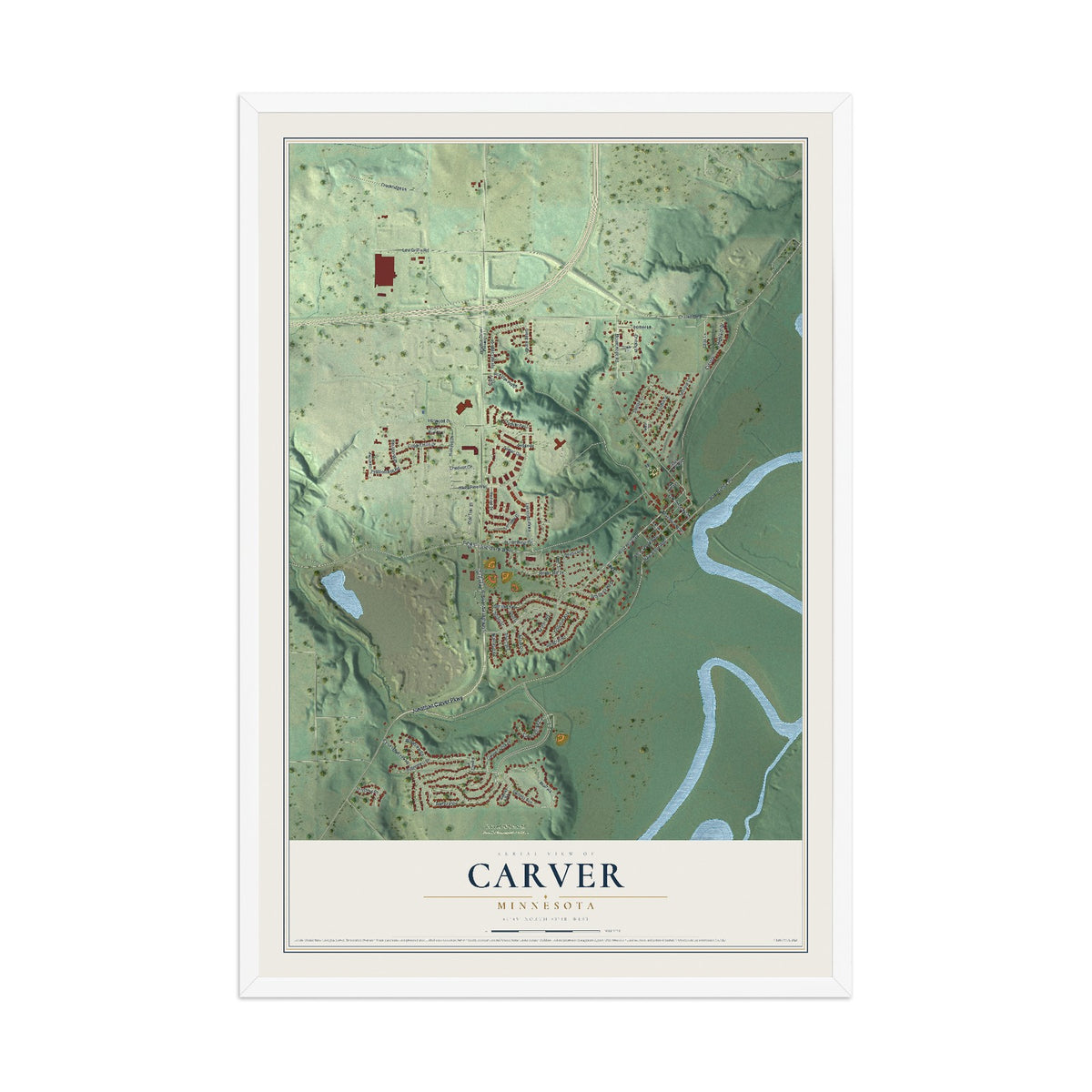 Map of Carver, Minnesota, 12 x 18 inch print in a white wood frame