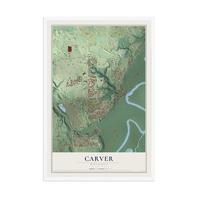 Map of Carver, Minnesota, 12 x 18 inch print in a white wood frame