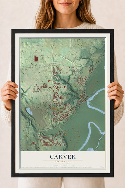 Map of Carver, Minnesota, 18 x 24 inch print in a black wood frame