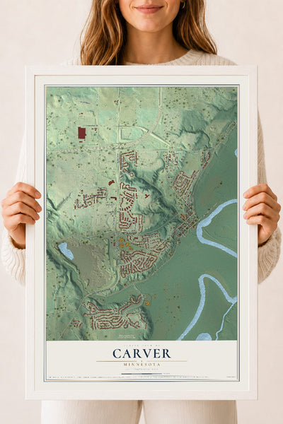 Map of Carver, Minnesota, 18 x 24 inch print in a white wood frame