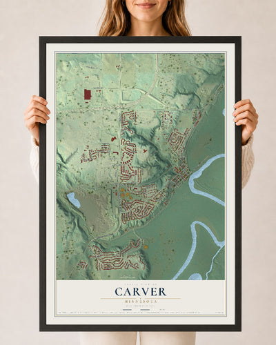 Map of Carver, Minnesota, 24 x 36 inch print in a black wood frame
