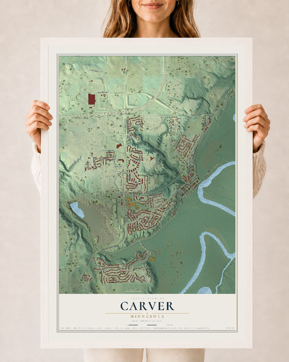 Map of Carver, Minnesota, 24 x 36 inch print in a white wood frame