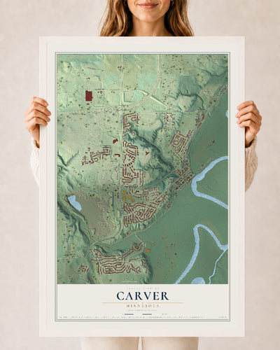 Map of Carver, Minnesota, 24 x 36 inch print in a white wood frame