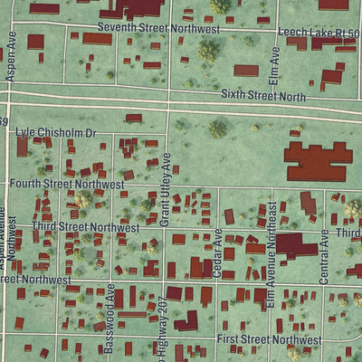 Close-up of the map of Cass Lake, Minnesota print showing street and building detail