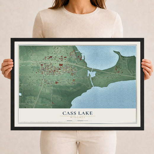 Map of Cass Lake, Minnesota, 12 x 18 inch print in a black wood frame