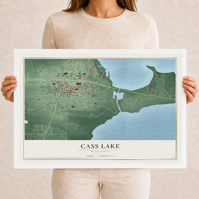 Map of Cass Lake, Minnesota, 12 x 18 inch print in a white wood frame