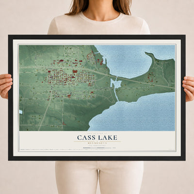 Map of Cass Lake, Minnesota, 18 x 24 inch print in a black wood frame