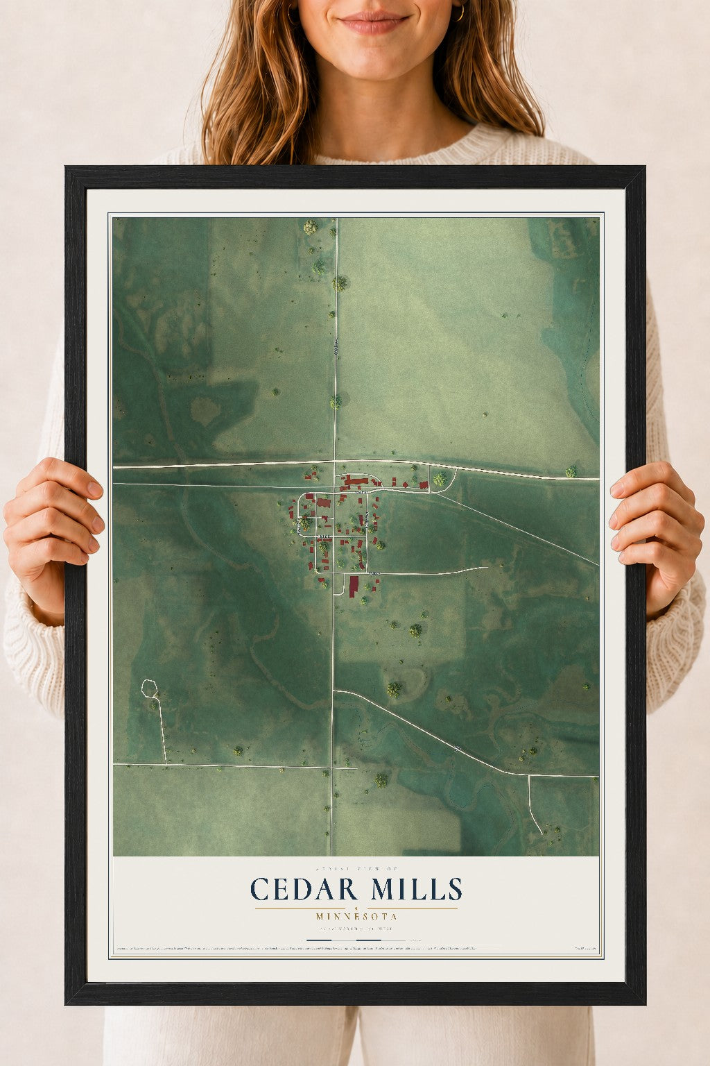 Map of Cedar Mills, Minnesota, 18 x 24 inch print in a black wood frame