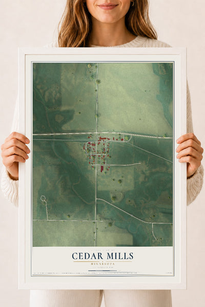 Map of Cedar Mills, Minnesota, 18 x 24 inch print in a white wood frame