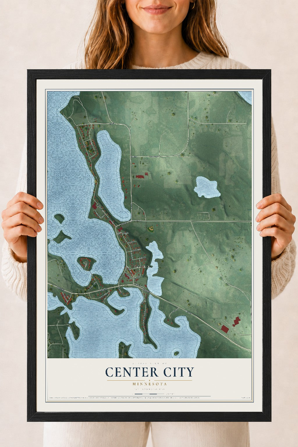 Map of Center City, Minnesota, 18 x 24 inch print in a black wood frame