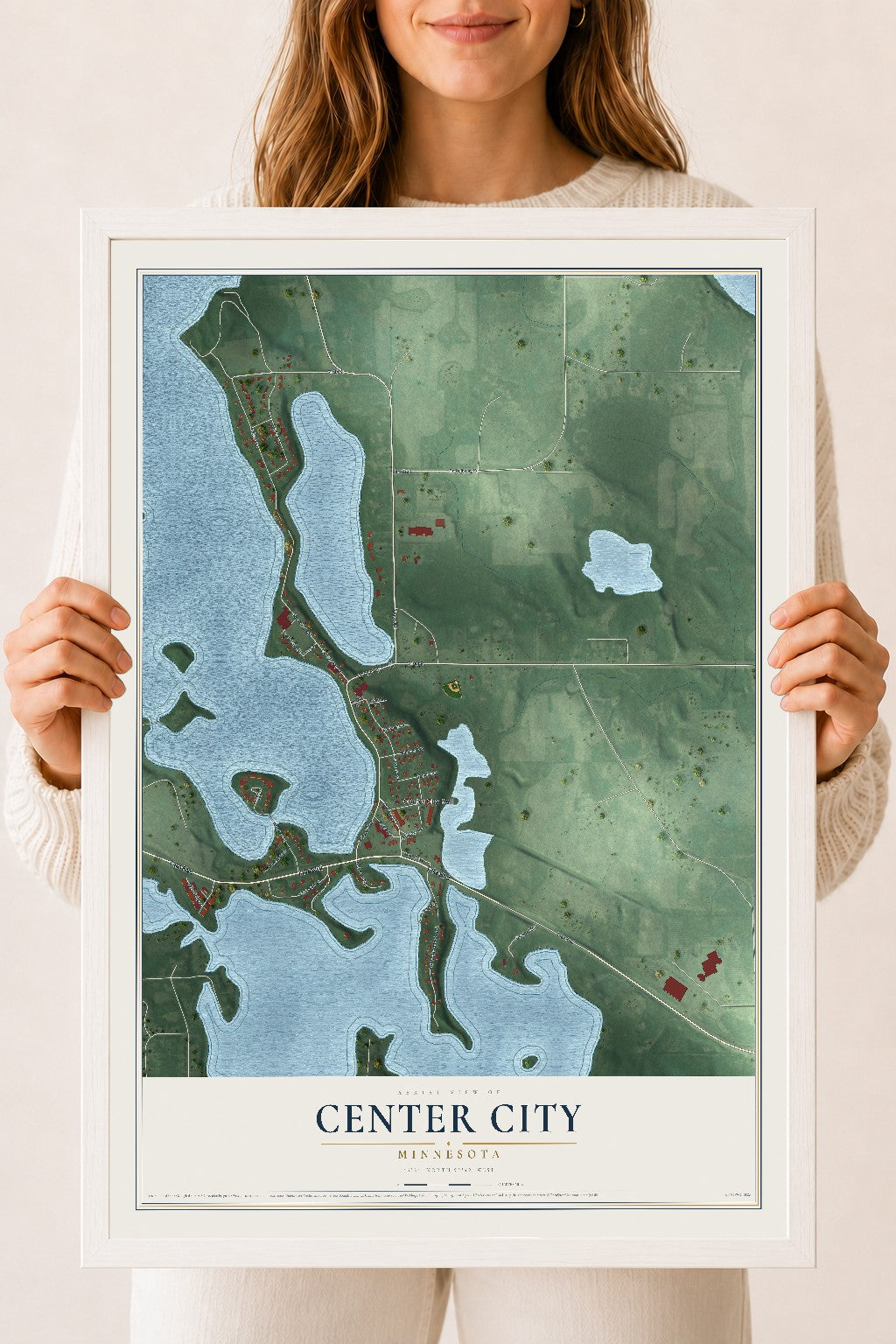 Map of Center City, Minnesota, 18 x 24 inch print in a white wood frame