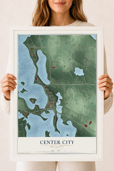 Map of Center City, Minnesota, 18 x 24 inch print in a white wood frame