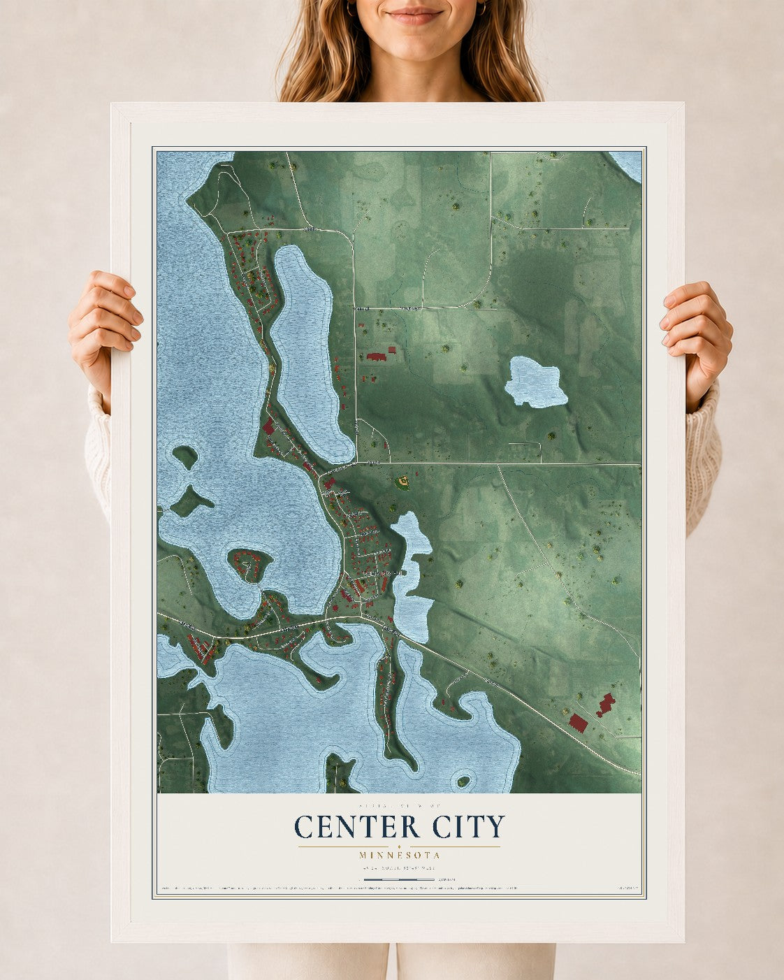 Map of Center City, Minnesota, 24 x 36 inch print in a white wood frame