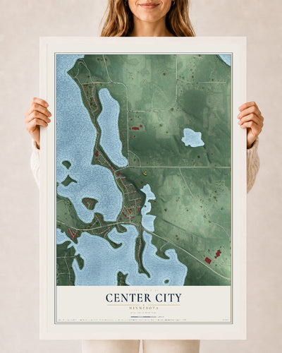 Map of Center City, Minnesota, 24 x 36 inch print in a white wood frame
