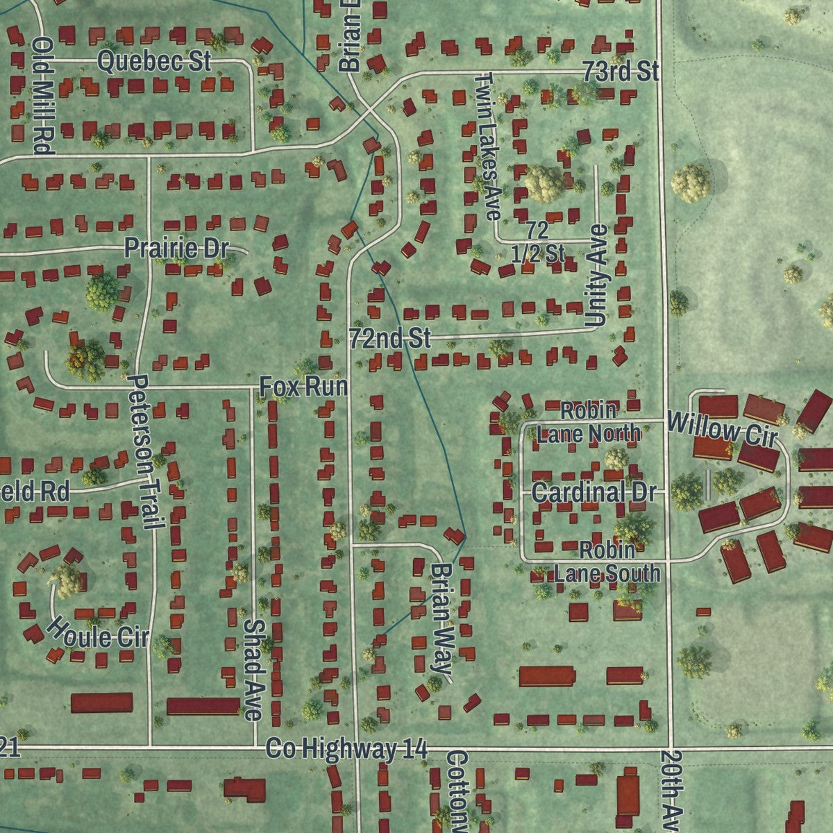 Close-up of the map of Centerville, Minnesota print showing street and building detail