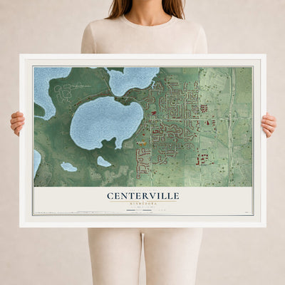 Map of Centerville, Minnesota, 24 x 36 inch print in a white wood frame