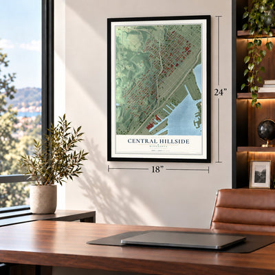Central Hillside, Minnesota map, 18 x 24 inch print in a black frame in a home office