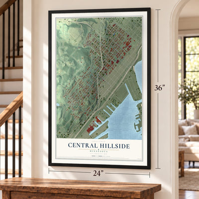 Central Hillside, Minnesota map, 24 x 36 inch print in a black frame by a staircase