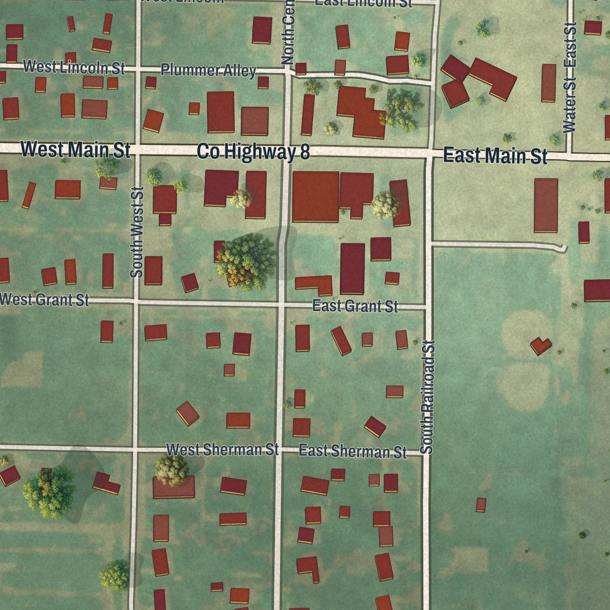 Close-up of the map of Ceylon, Minnesota print showing street and building detail