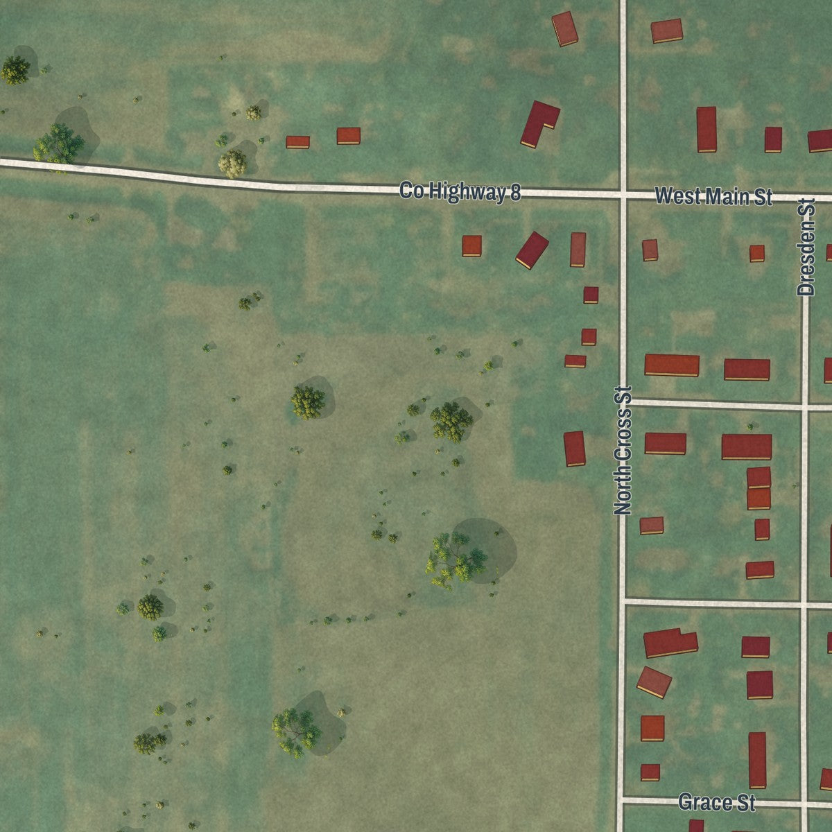 Second close-up of the map of Ceylon, Minnesota print showing more streets and buildings