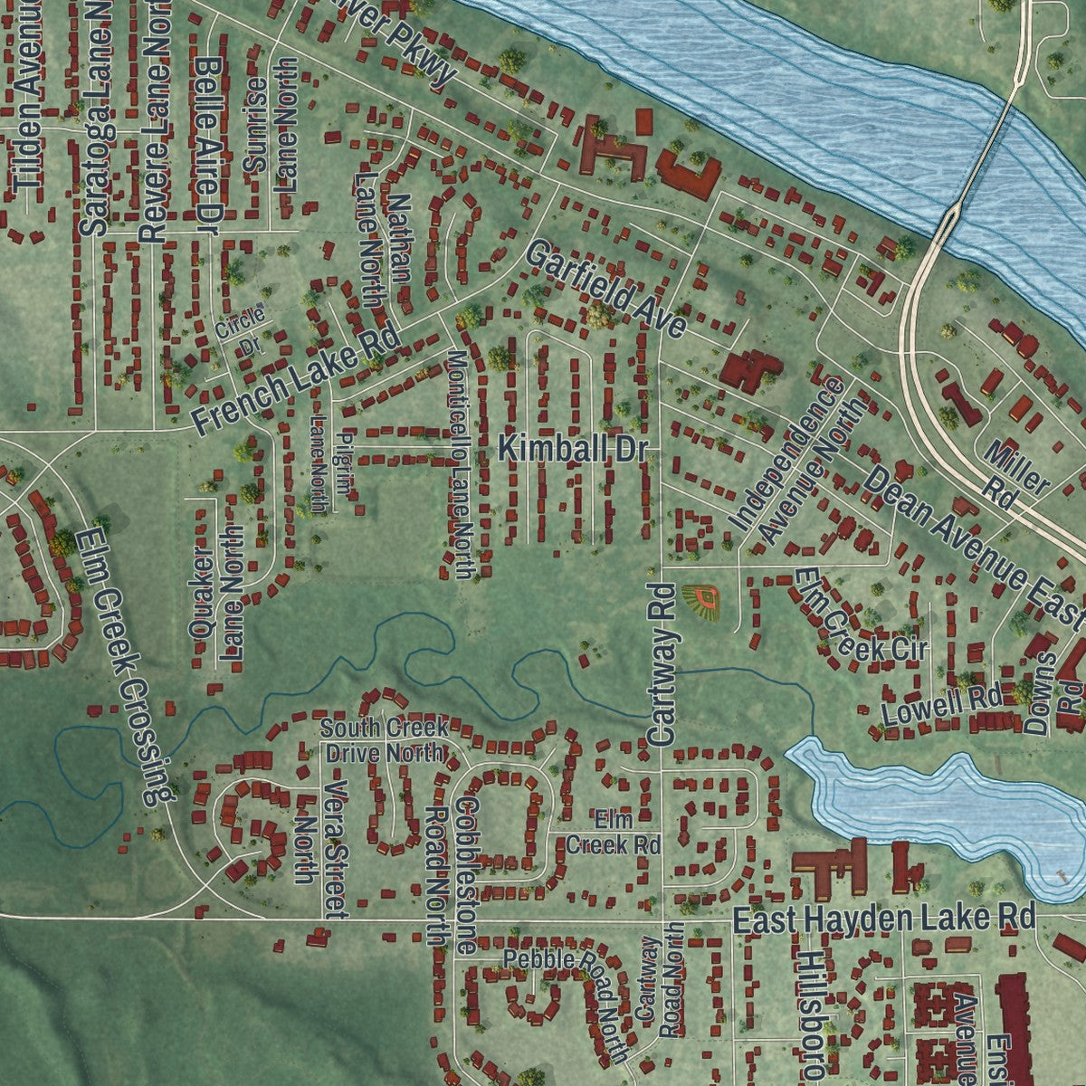 Second close-up of the map of Champlin, Minnesota print showing more streets and buildings