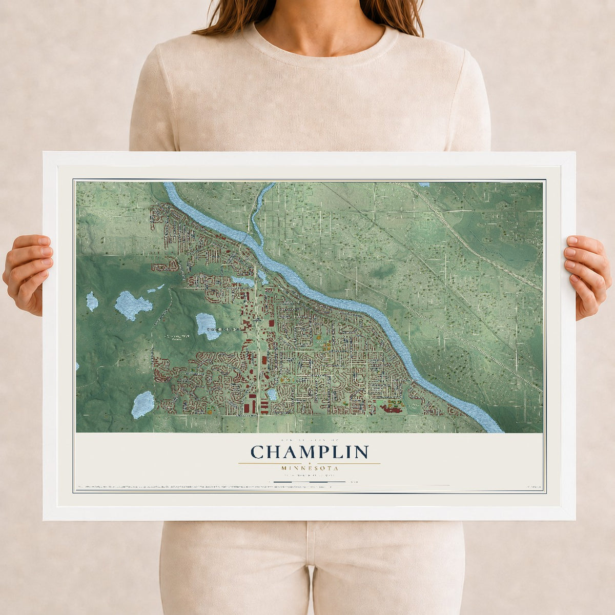 Map of Champlin, Minnesota, 12 x 18 inch print in a white wood frame