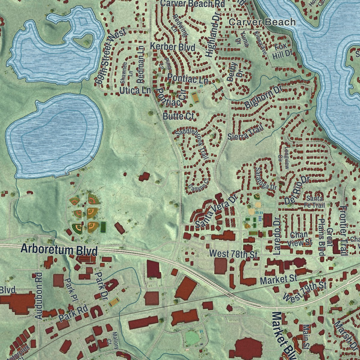 Close-up of the map of Chanhassen, Minnesota print showing street and building detail