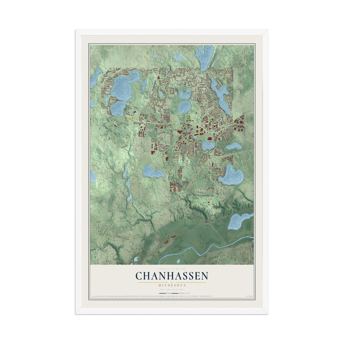 Map of Chanhassen, Minnesota, 12 x 18 inch print in a white wood frame