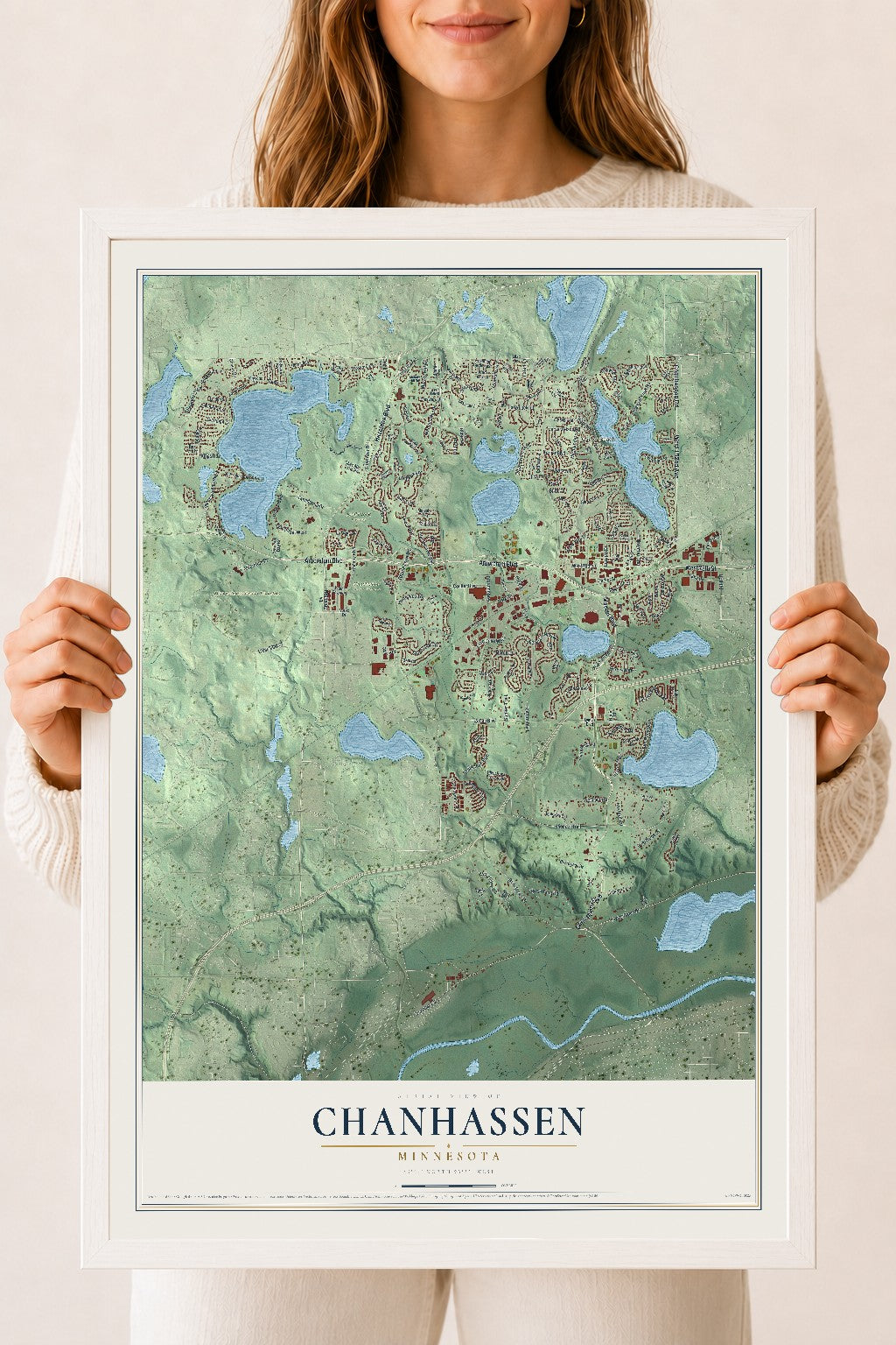 Map of Chanhassen, Minnesota, 18 x 24 inch print in a white wood frame