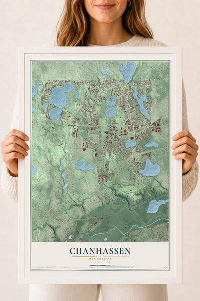 Map of Chanhassen, Minnesota, 18 x 24 inch print in a white wood frame
