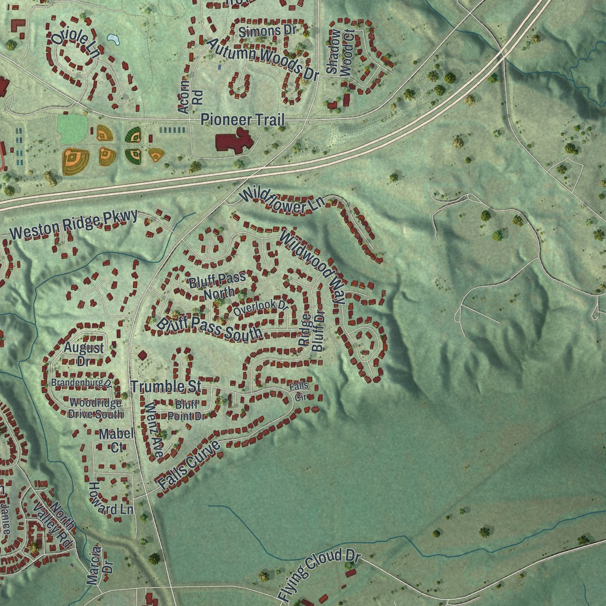 Second close-up of the map of Chaska, Minnesota print showing more streets and buildings