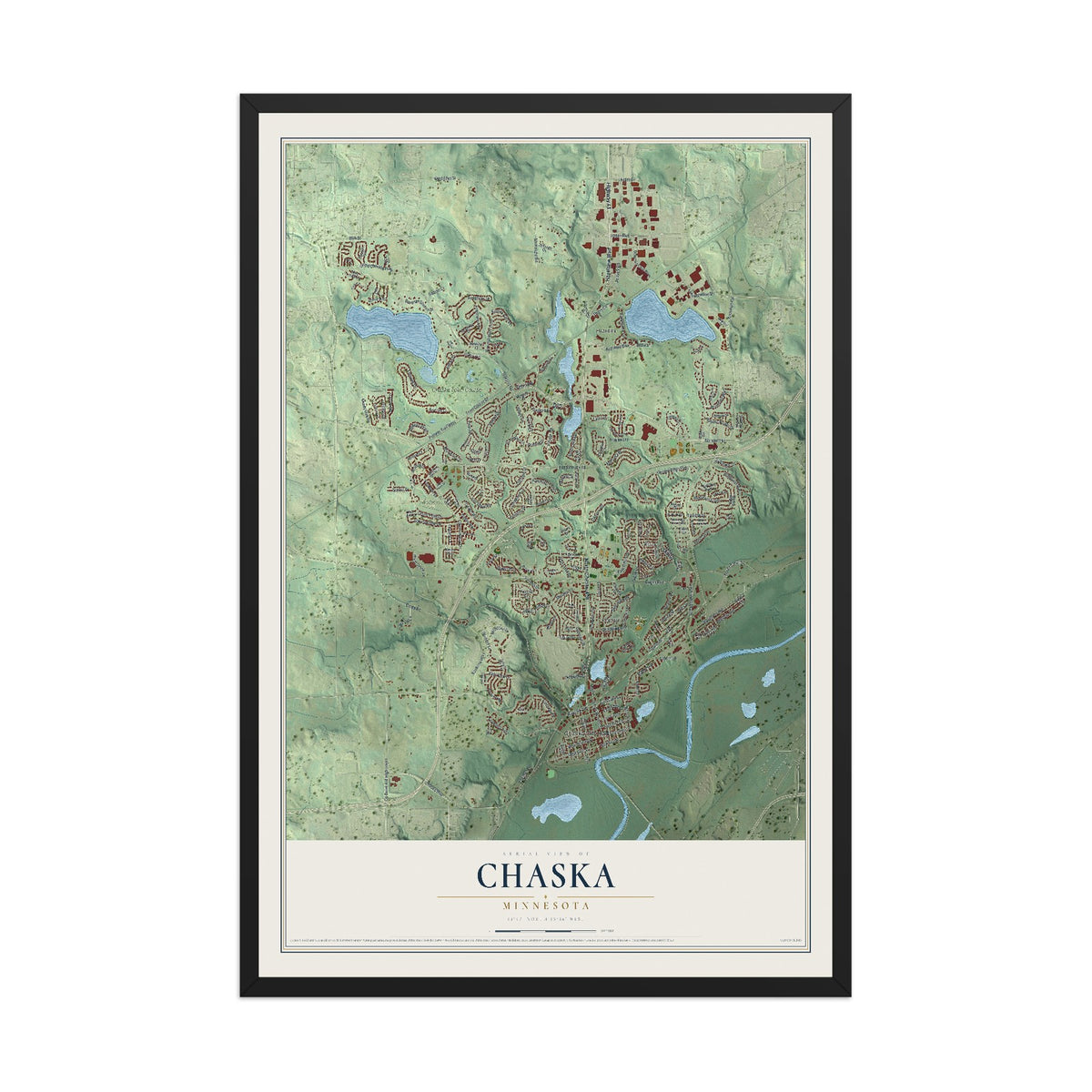 Map of Chaska, Minnesota, 12 x 18 inch print in a black wood frame