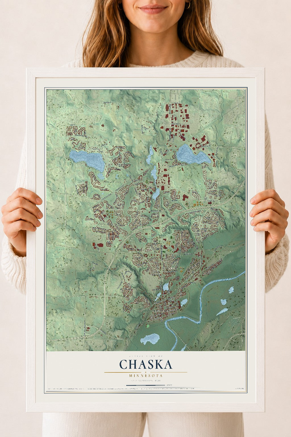 Map of Chaska, Minnesota, 18 x 24 inch print in a white wood frame
