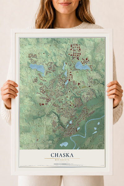 Map of Chaska, Minnesota, 18 x 24 inch print in a white wood frame
