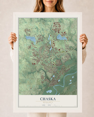 Map of Chaska, Minnesota, 24 x 36 inch print in a white wood frame